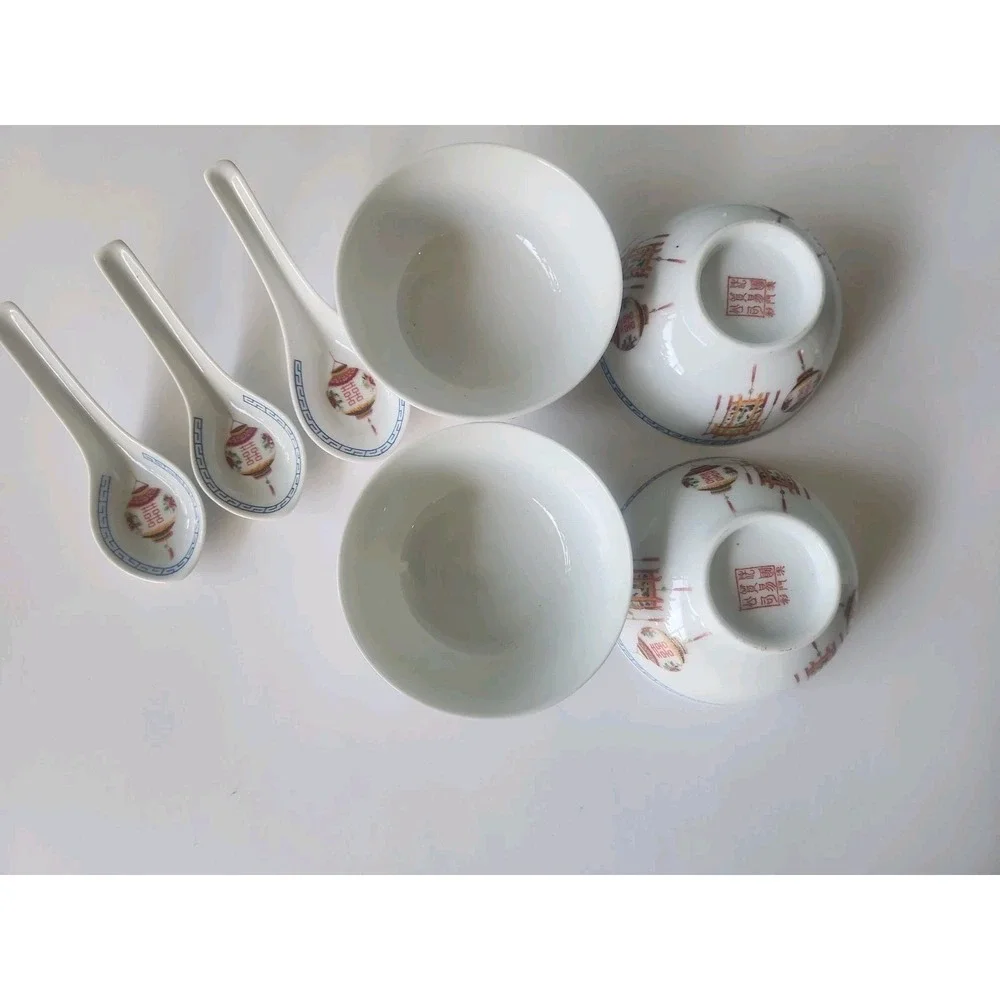 Vintage Set Of 4 Tatung Porcelain Rice Soup Bowl Red Lantern Theme